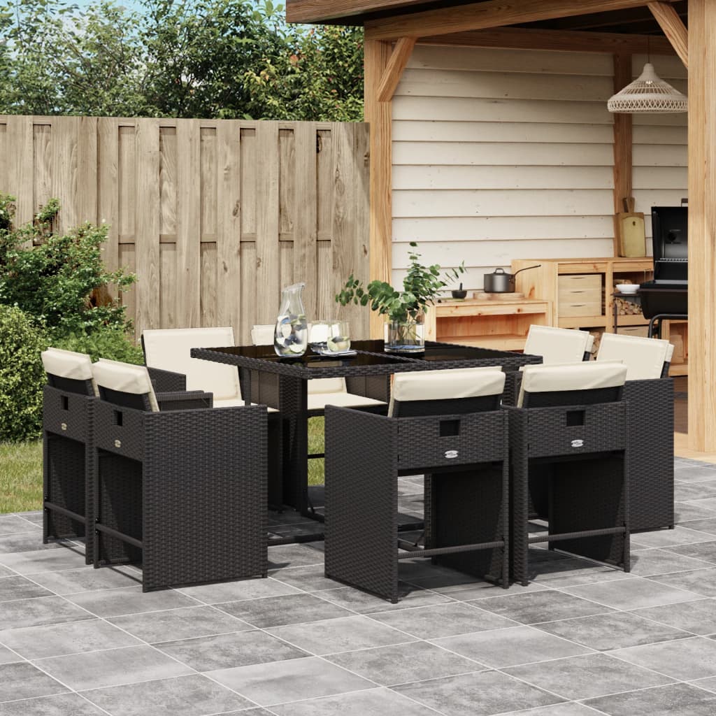 9 Pcs conjunto de jantar p/ jardim c/ almofadões vime PE preto