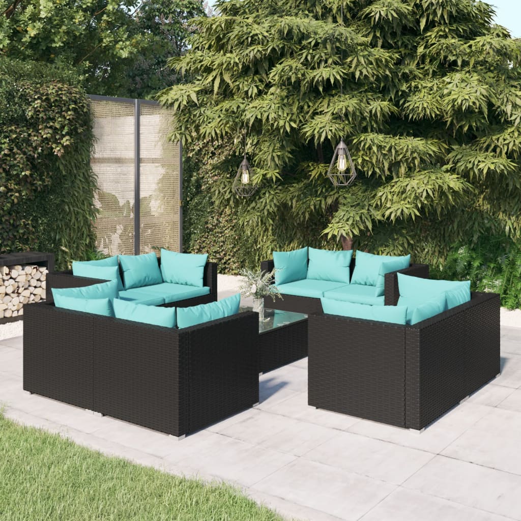 9 Pcs conjunto lounge de jardim c/ almofadões vime PE preto