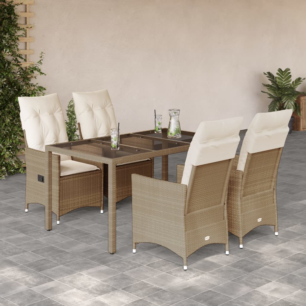 5 Pcs conjunto de jantar p/ jardim com almofadões vime PE bege