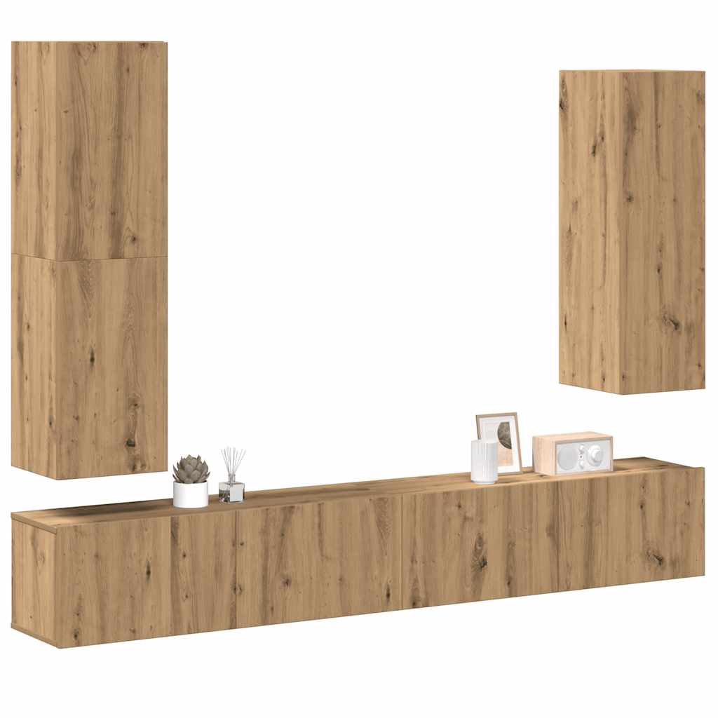 Conjunto de armário TV parede 4 pcs madeira carvalho artisiano