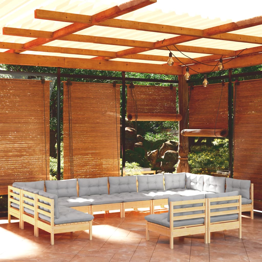 12Pcs conjunto lounge de jardim + almofadões cinza pinho maciço