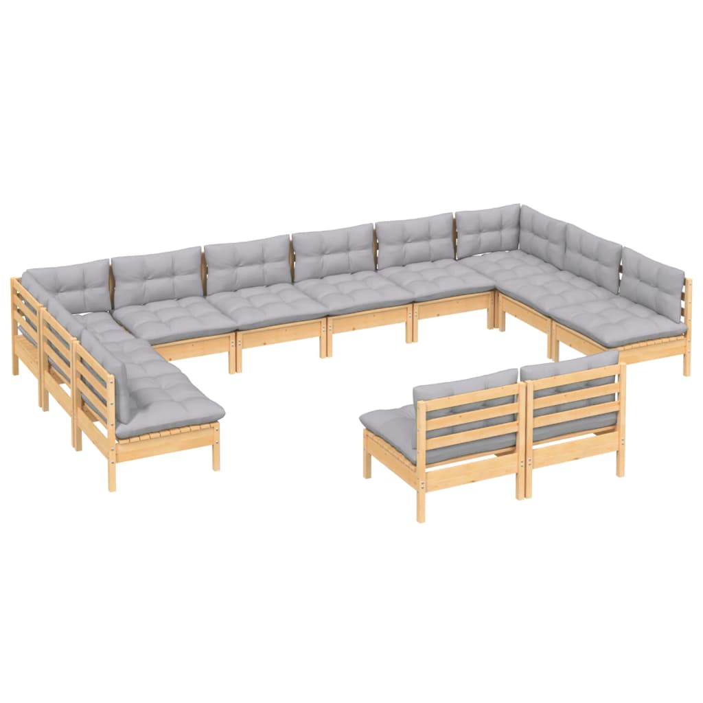 12Pcs conjunto lounge de jardim + almofadões cinza pinho maciço