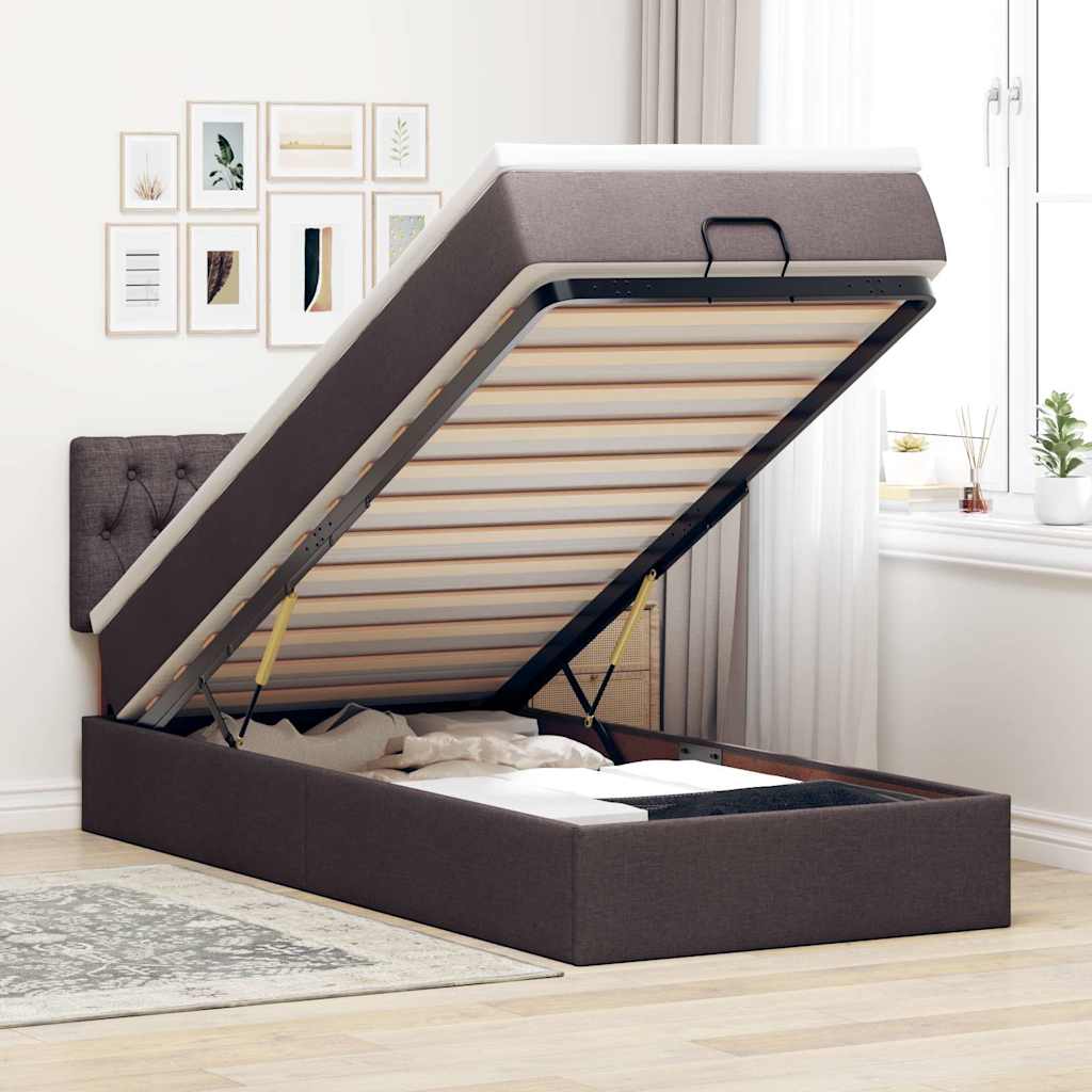 Cama otomana com colchão 100x200 cm tecido castanho escuro