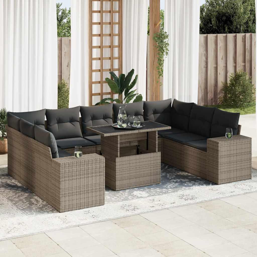 10 Pcs conjunto sofás de jardim c/ almofadões vime PE cinzento
