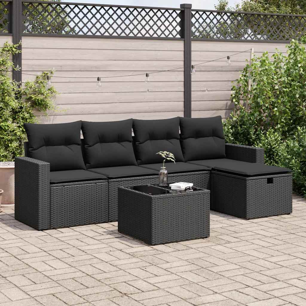6 Pcs conjunto sofás de jardim c/ almofadões vime PE preto