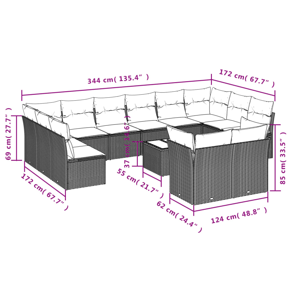 13 Pcs conjunto de sofás p/ jardim com almofadões vime PE bege
