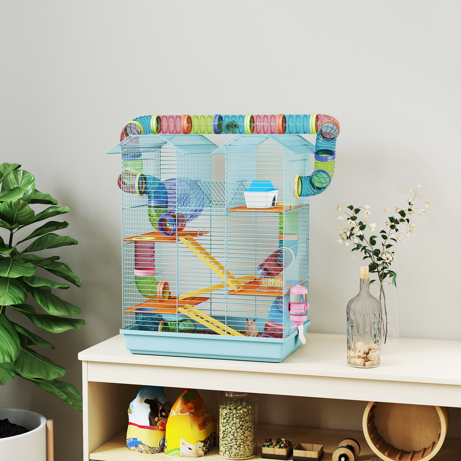 Gaiola para hamster de múltiplos níveis com sistema de tubos 4 plataformas e roda de exercício 47x30x59 cm azul claro