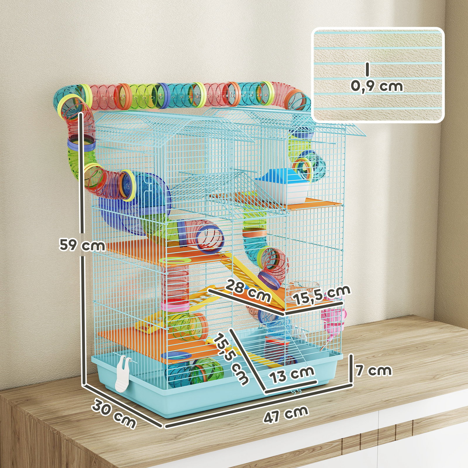 Gaiola para hamster de múltiplos níveis com sistema de tubos 4 plataformas e roda de exercício 47x30x59 cm azul claro