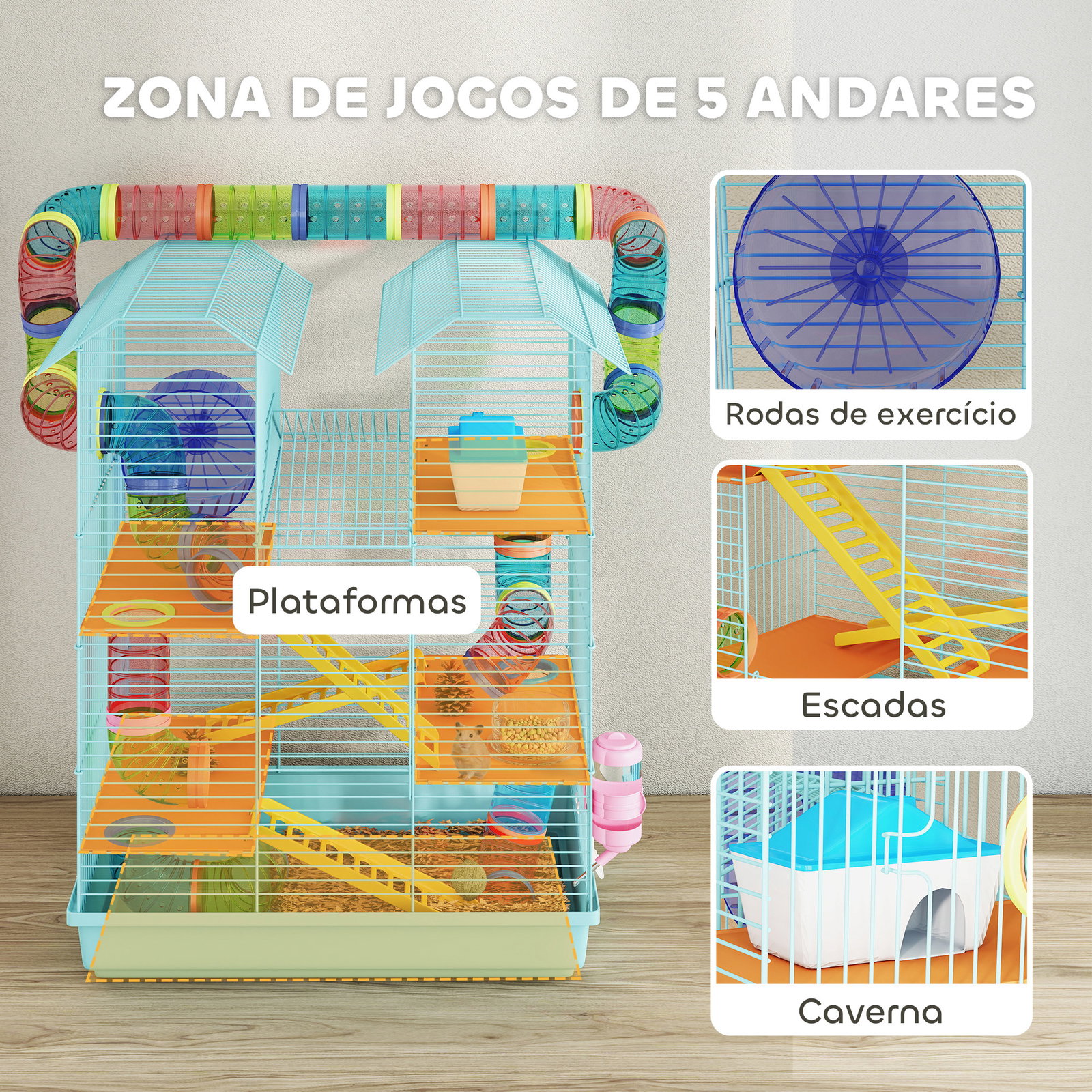 Gaiola para hamster de múltiplos níveis com sistema de tubos 4 plataformas e roda de exercício 47x30x59 cm azul claro