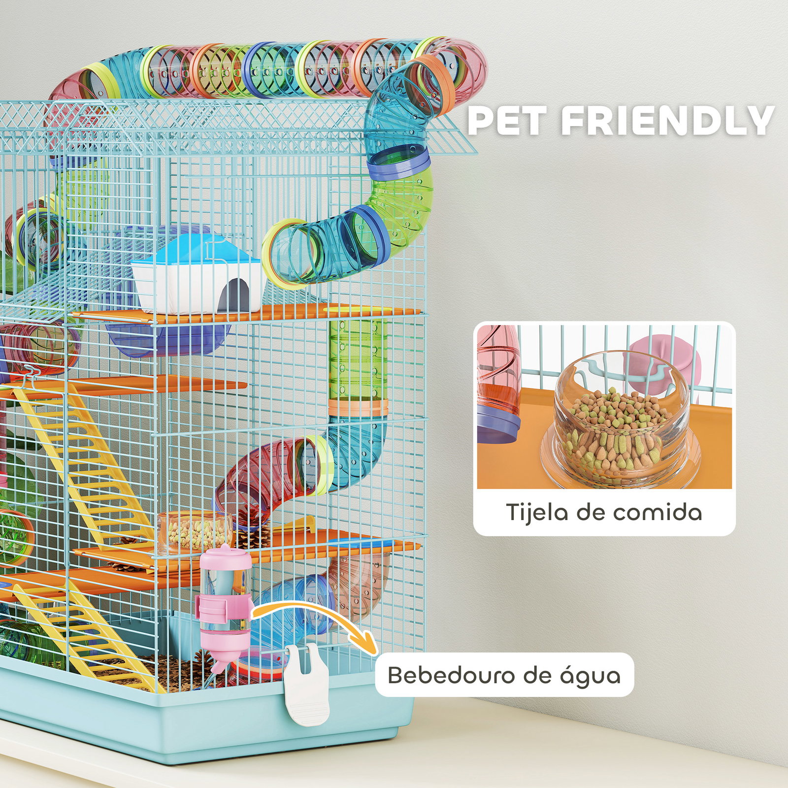 Gaiola para hamster de múltiplos níveis com sistema de tubos 4 plataformas e roda de exercício 47x30x59 cm azul claro