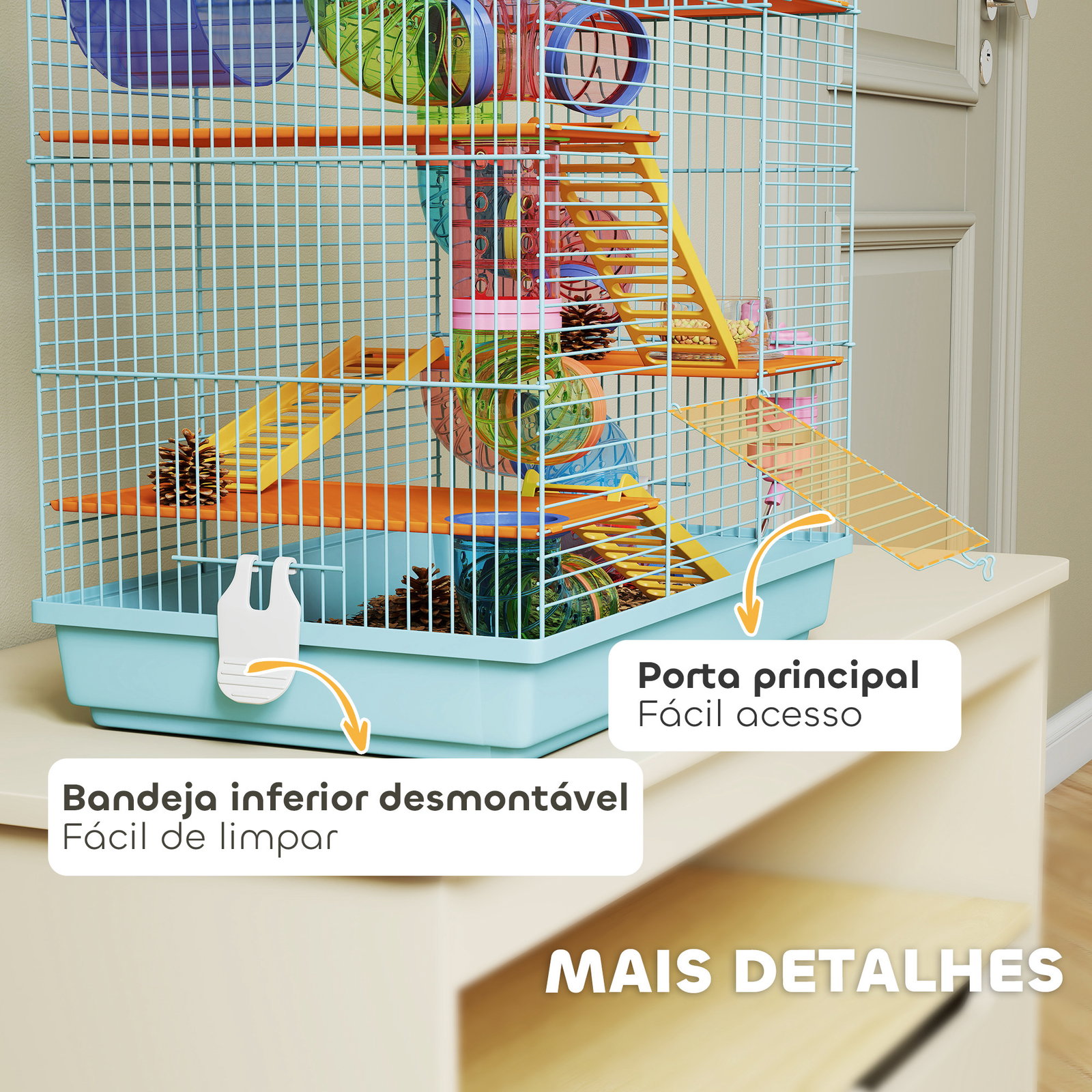 Gaiola para hamster de múltiplos níveis com sistema de tubos 4 plataformas e roda de exercício 47x30x59 cm azul claro