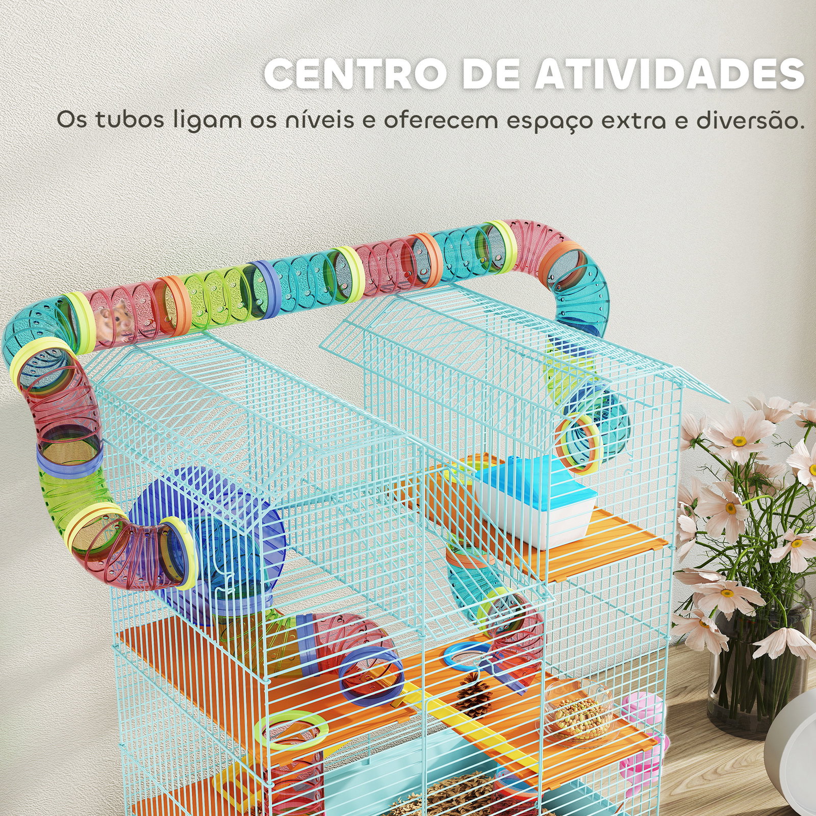 Gaiola para hamster de múltiplos níveis com sistema de tubos 4 plataformas e roda de exercício 47x30x59 cm azul claro