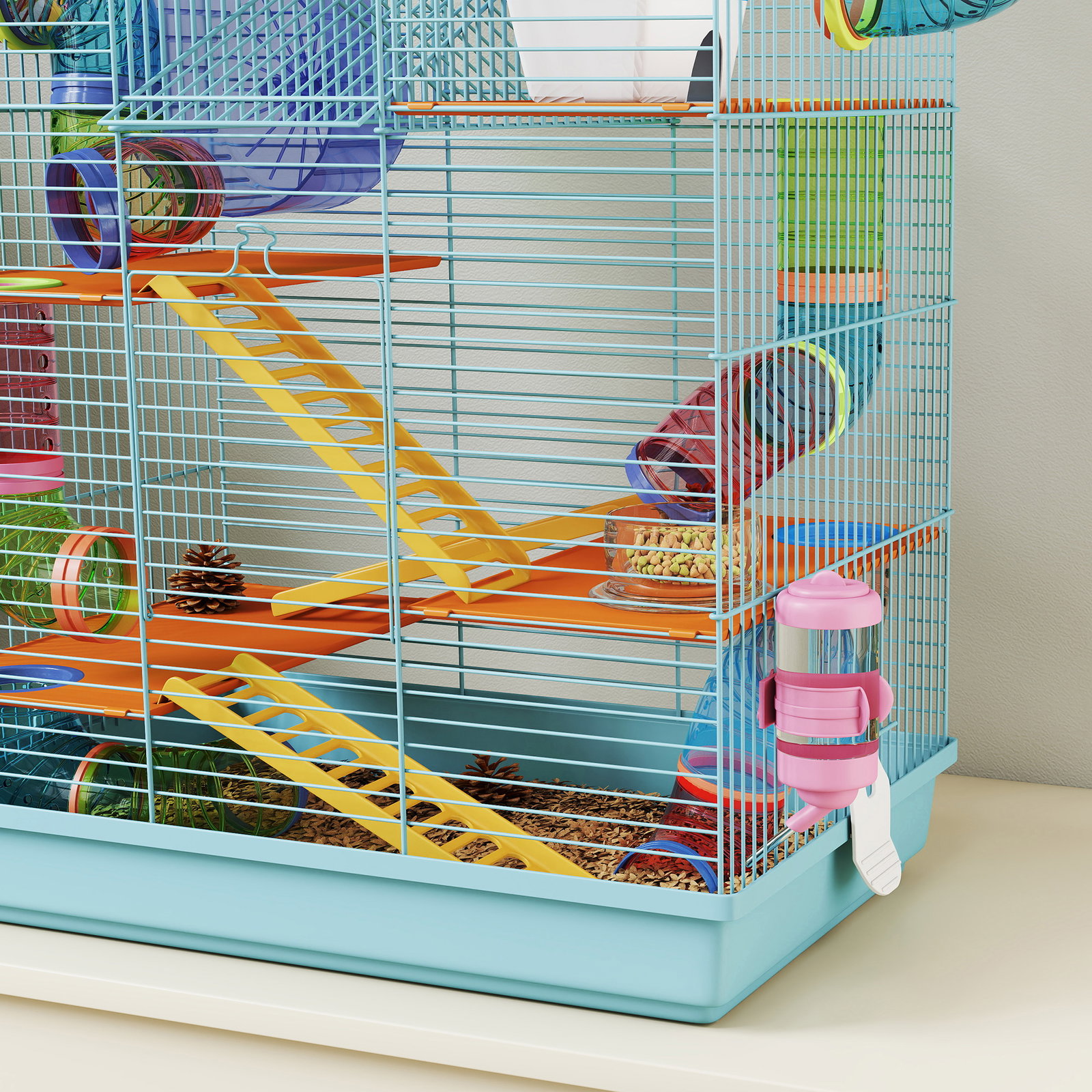 Gaiola para hamster de múltiplos níveis com sistema de tubos 4 plataformas e roda de exercício 47x30x59 cm azul claro