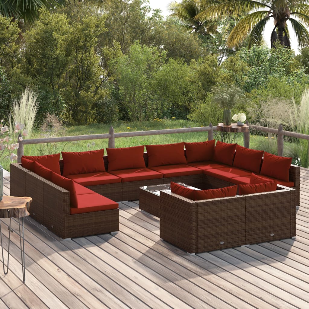 12 Pcs conjunto lounge de jardim c/ almofadões vime PE castanho
