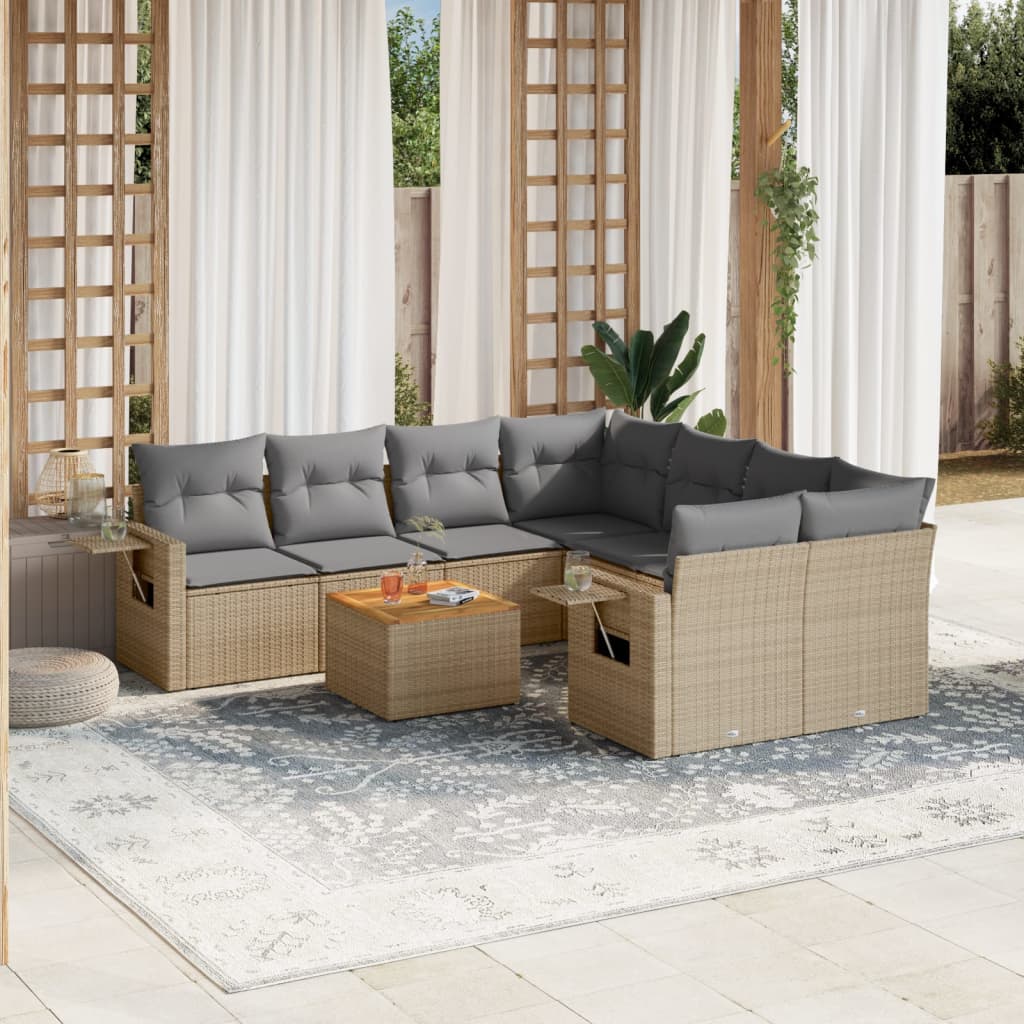 9 Pcs conjunto de sofás p/ jardim com almofadões vime PE bege