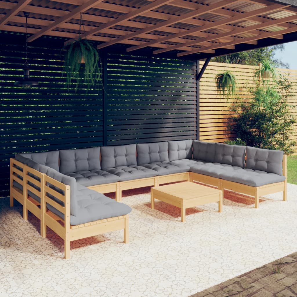 10Pcs conjunto lounge de jardim + almofadões cinza pinho maciço