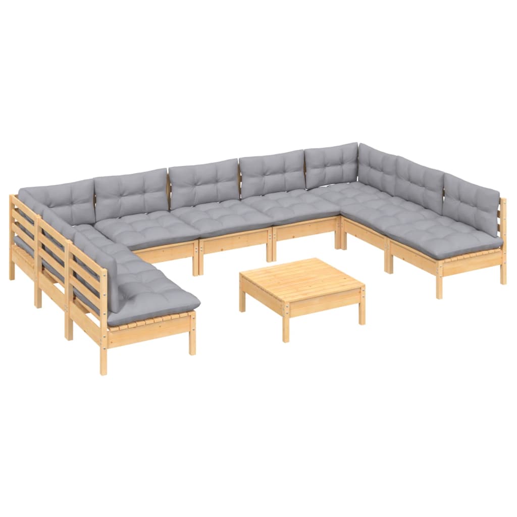 10Pcs conjunto lounge de jardim + almofadões cinza pinho maciço