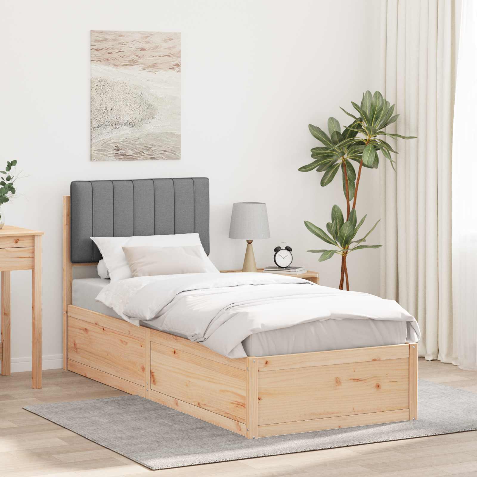Estrutura de cama com cabeceira estofada cinzento-claro