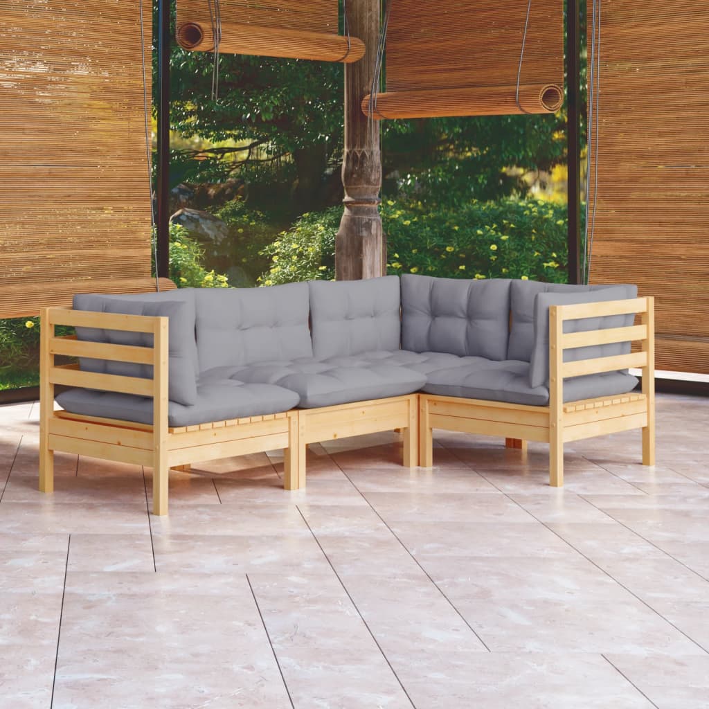 4 Pcs conjunto lounge de jardim c/ almofadões cinza pinho