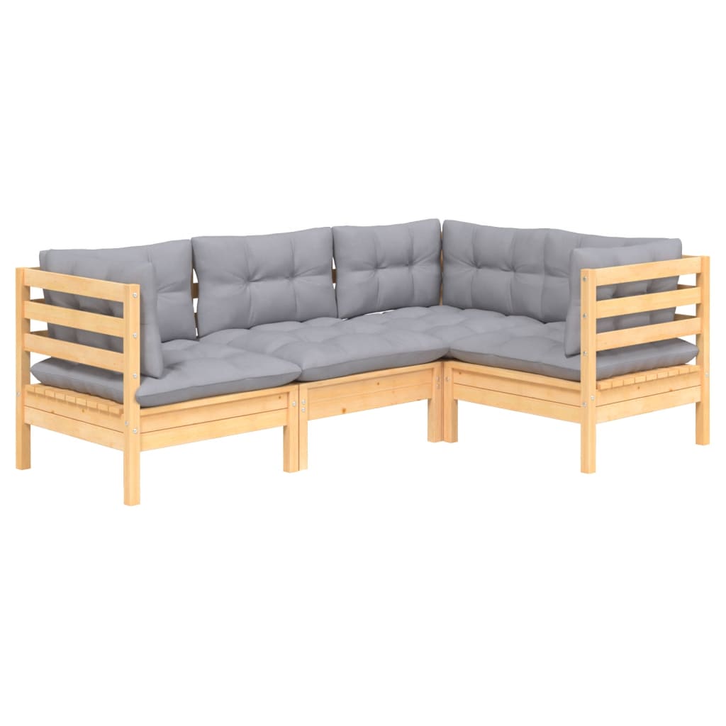4 Pcs conjunto lounge de jardim c/ almofadões cinza pinho