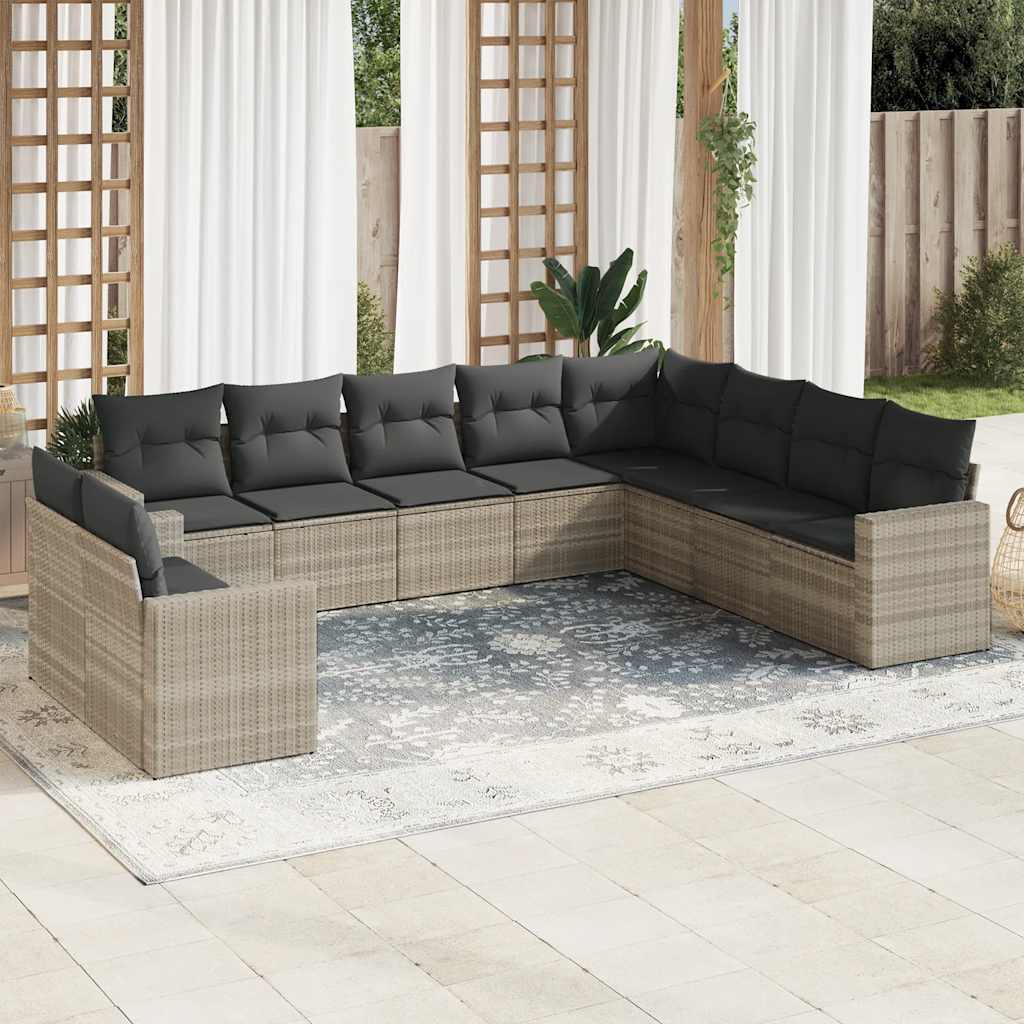 10 Pcs conj. sofás jardim com almofadões vime PE cinzento-claro