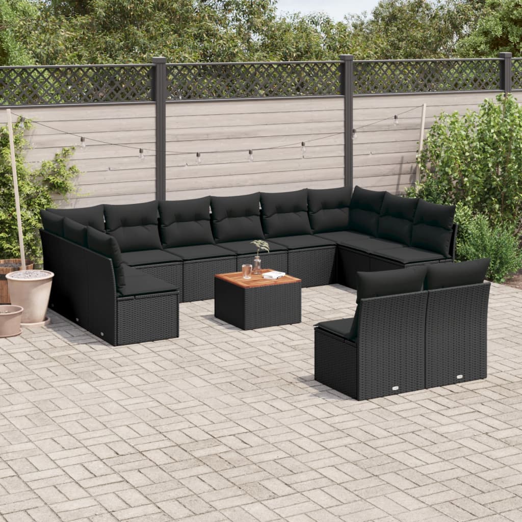 13 Pcs conjunto de sofás de jardim com almofadões vime PE preto