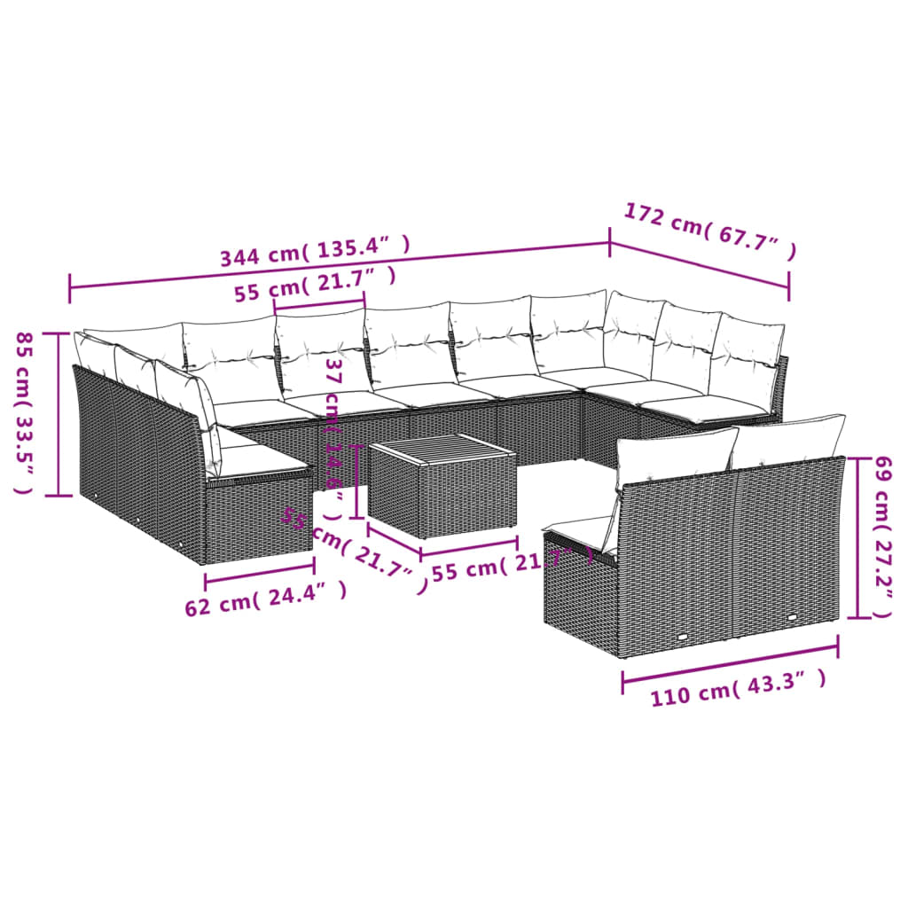 13 Pcs conjunto de sofás de jardim com almofadões vime PE preto
