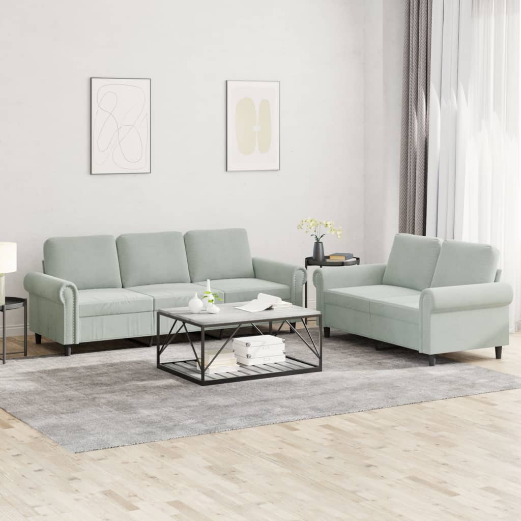 2 Pcs conjunto de sofás com almofadões veludo cinzento-claro