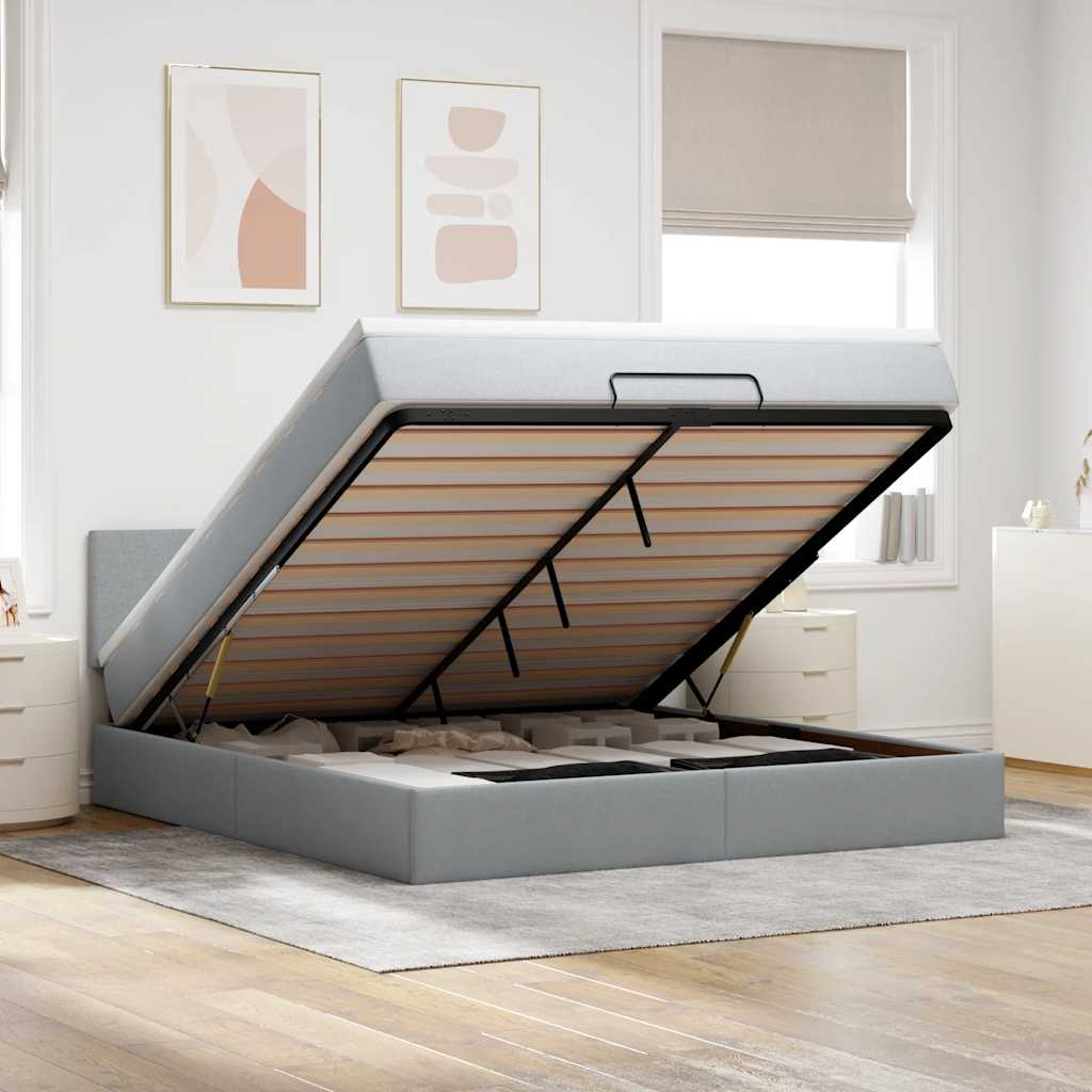 Cama otomana com colchão 160x200 cm tecido cinzento claro