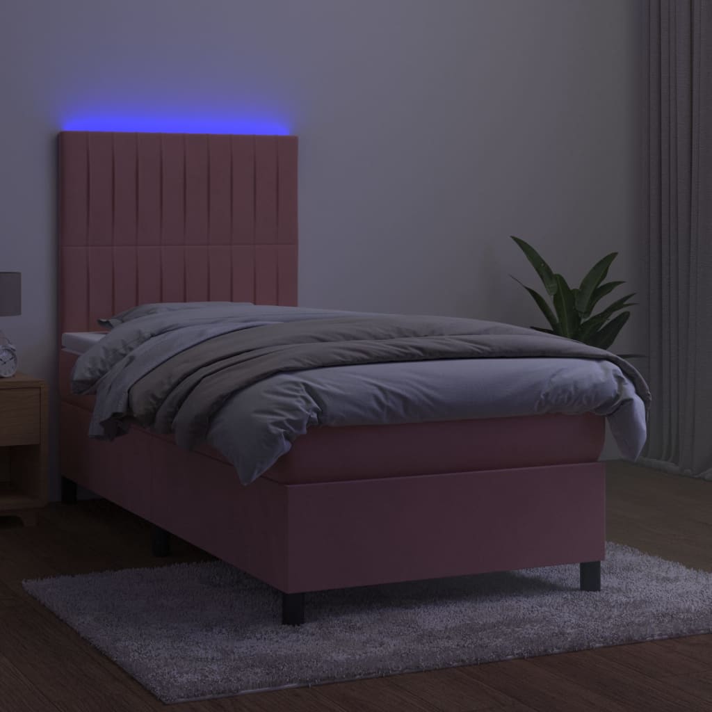 Cama box spring c/ colchão/LED 90x200 cm veludo rosa