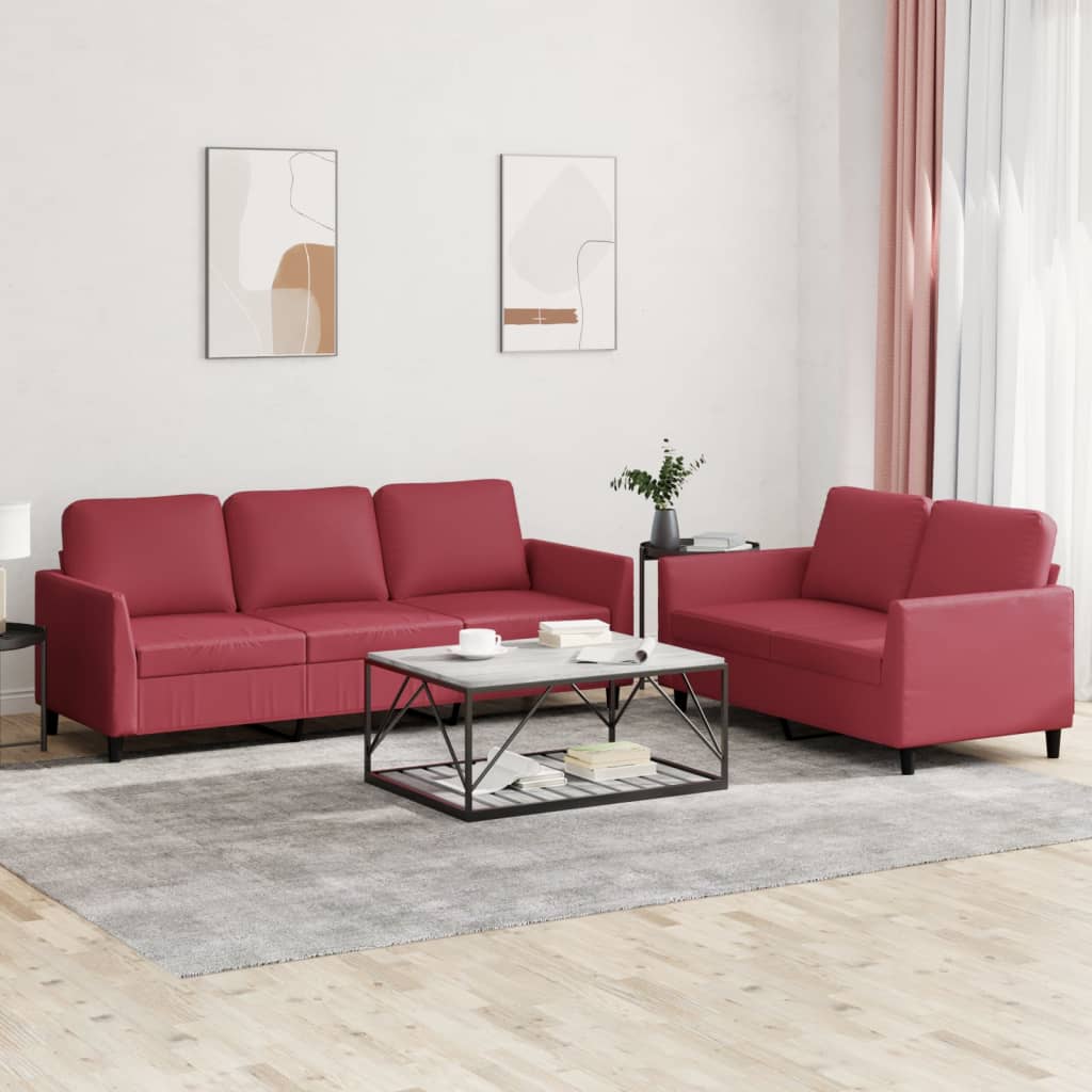 2 Pcs conjunto sofás c/ almofadões couro artif. vermelho tinto