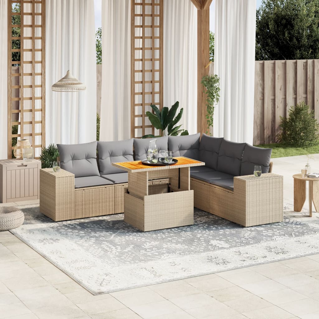 7 Pcs conjunto de sofás p/ jardim com almofadões vime PE bege