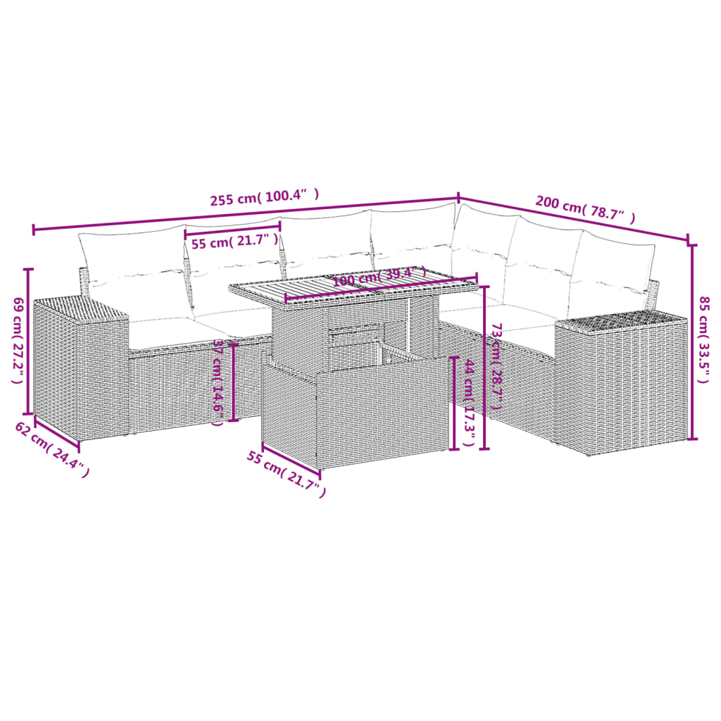 7 Pcs conjunto de sofás p/ jardim com almofadões vime PE bege