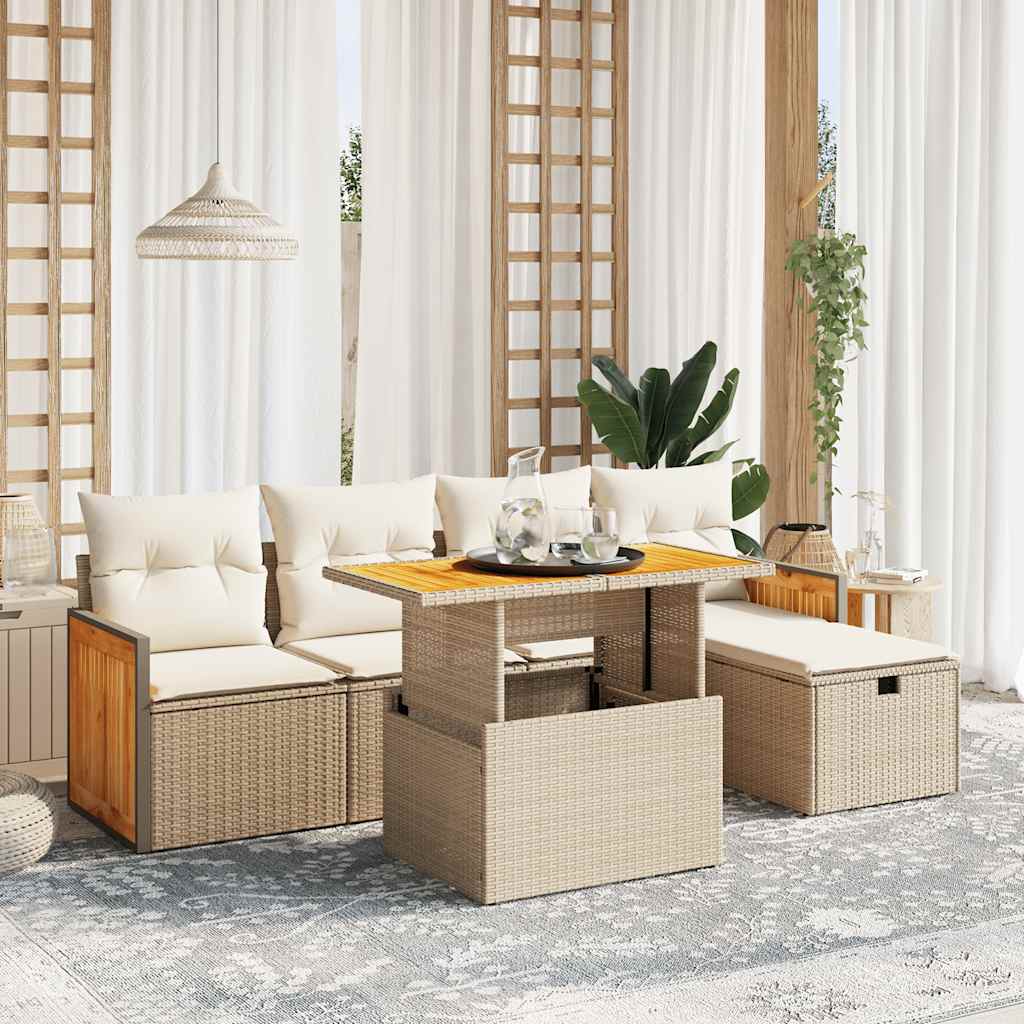 6 Pcs conjunto de sofás p/ jardim com almofadões vime PE bege