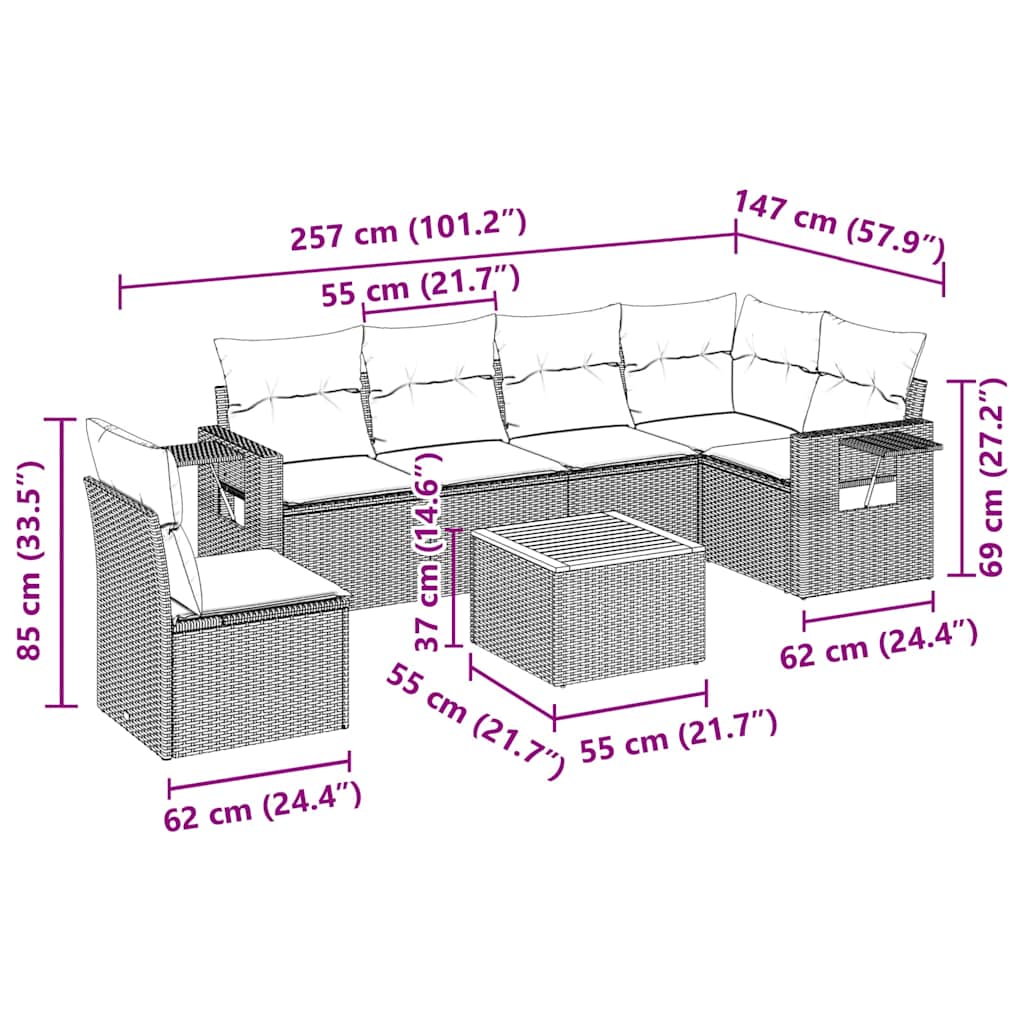 7 Pcs conjunto de sofás p/ jardim c/ almofadões vime PE preto
