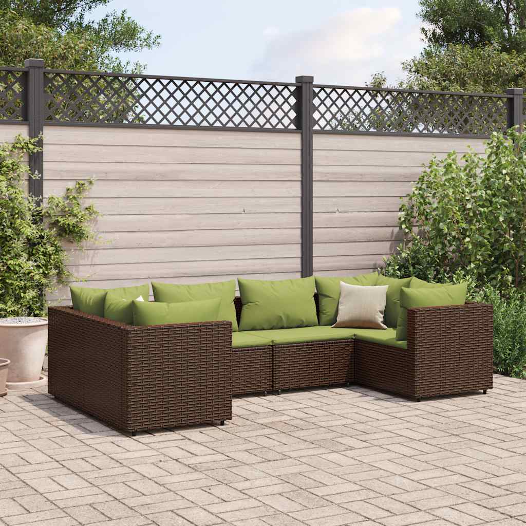 6 Pcs conj. lounge jardim c/ almofadões 6 pcs vime PE castanho