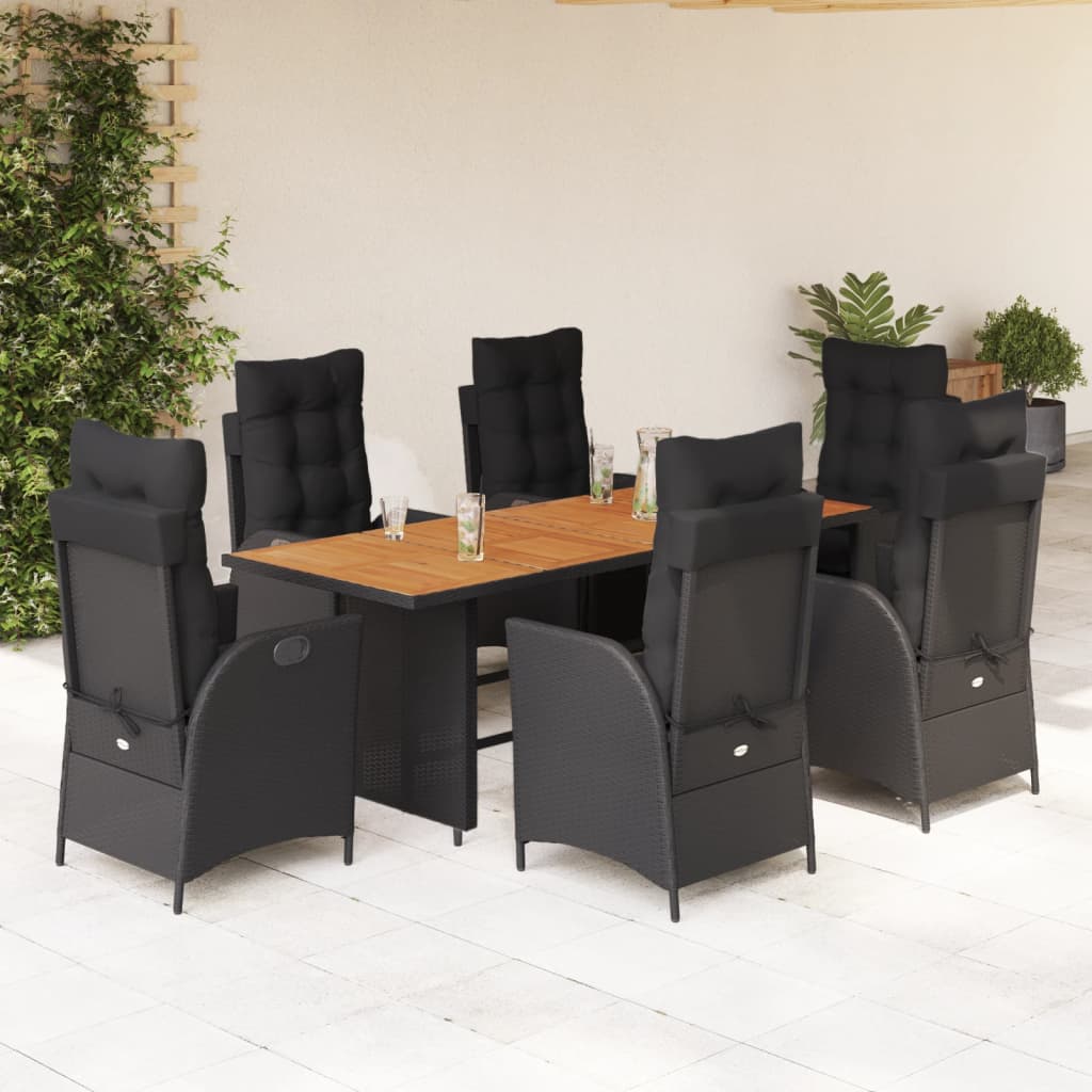 7 Pcs conjunto de jantar p/ jardim c/ almofadões vime PE preto