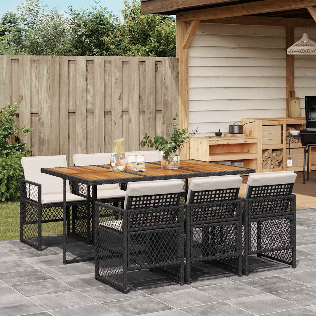 7 Pcs conjunto de jantar p/ jardim c/ almofadões vime PE preto