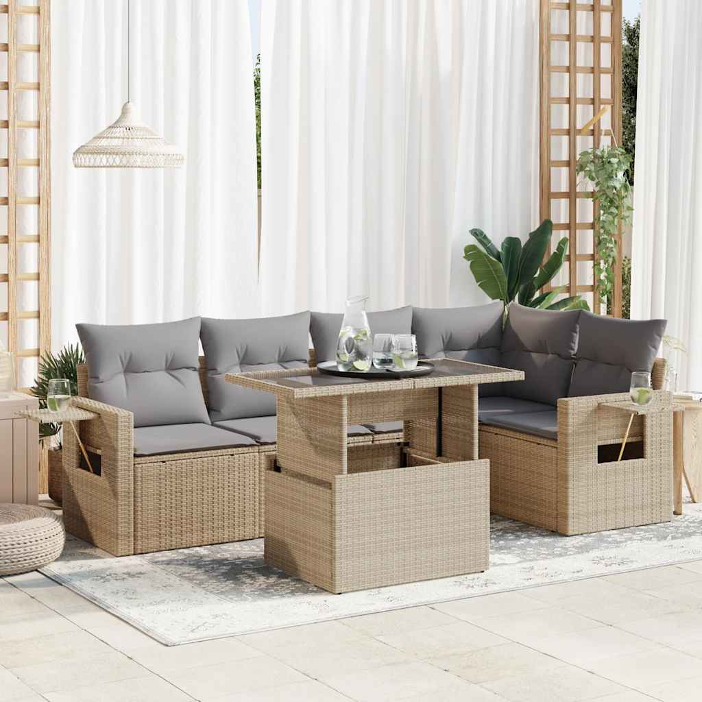 6 Pcs conjunto de sofás p/ jardim com almofadões vime PE bege