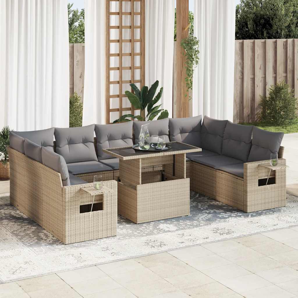 10 Pcs conjunto de sofás p/ jardim com almofadões vime PE bege