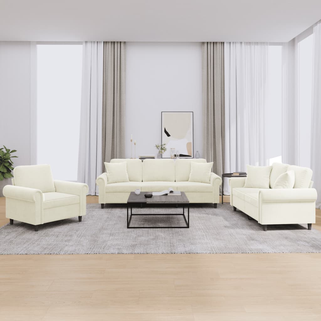 3 Pcs conjunto de sofás com almofadas veludo cor creme