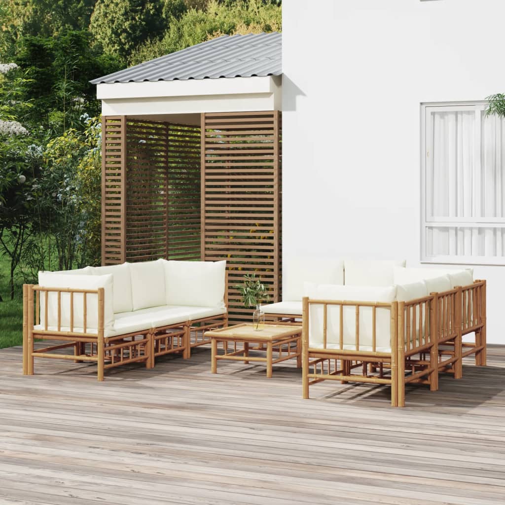 9 Pcs conjunto lounge de jardim bambu c/ almofadões branco nata