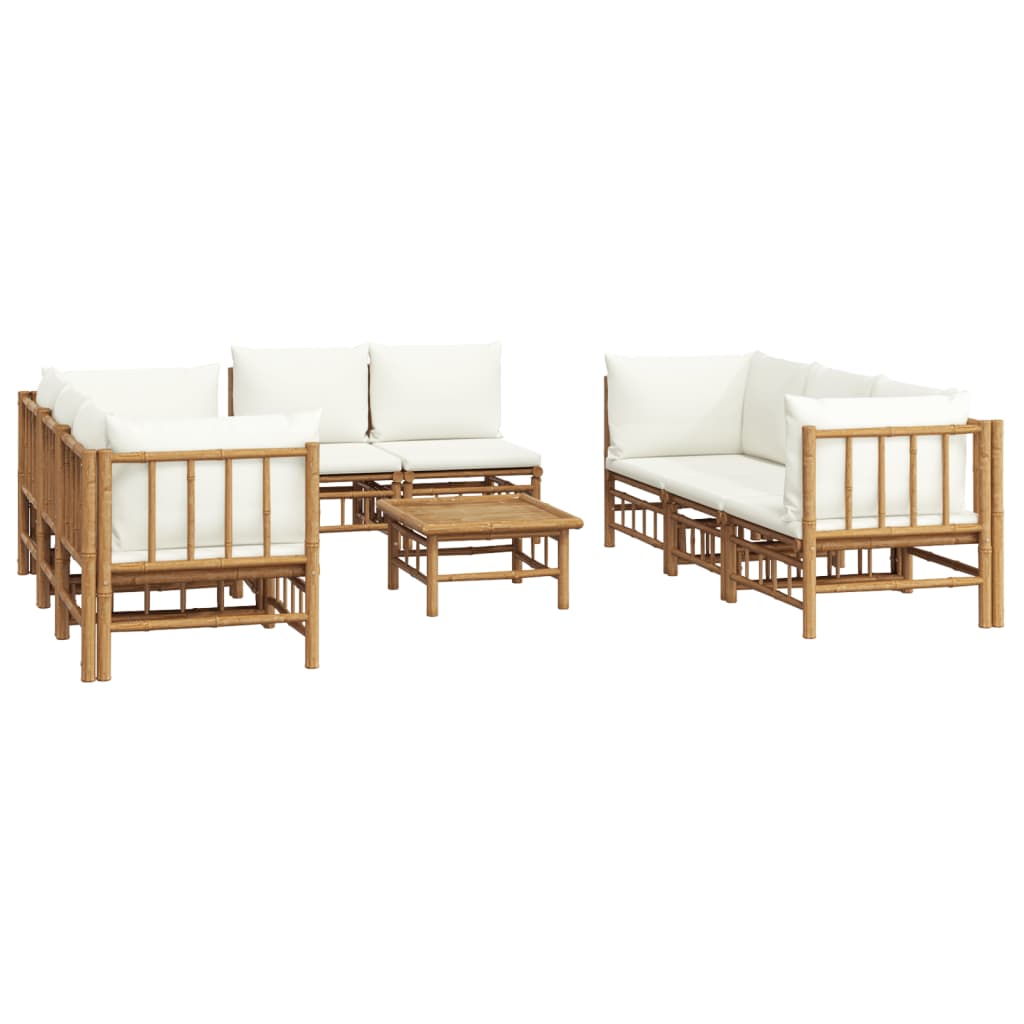 9 Pcs conjunto lounge de jardim bambu c/ almofadões branco nata