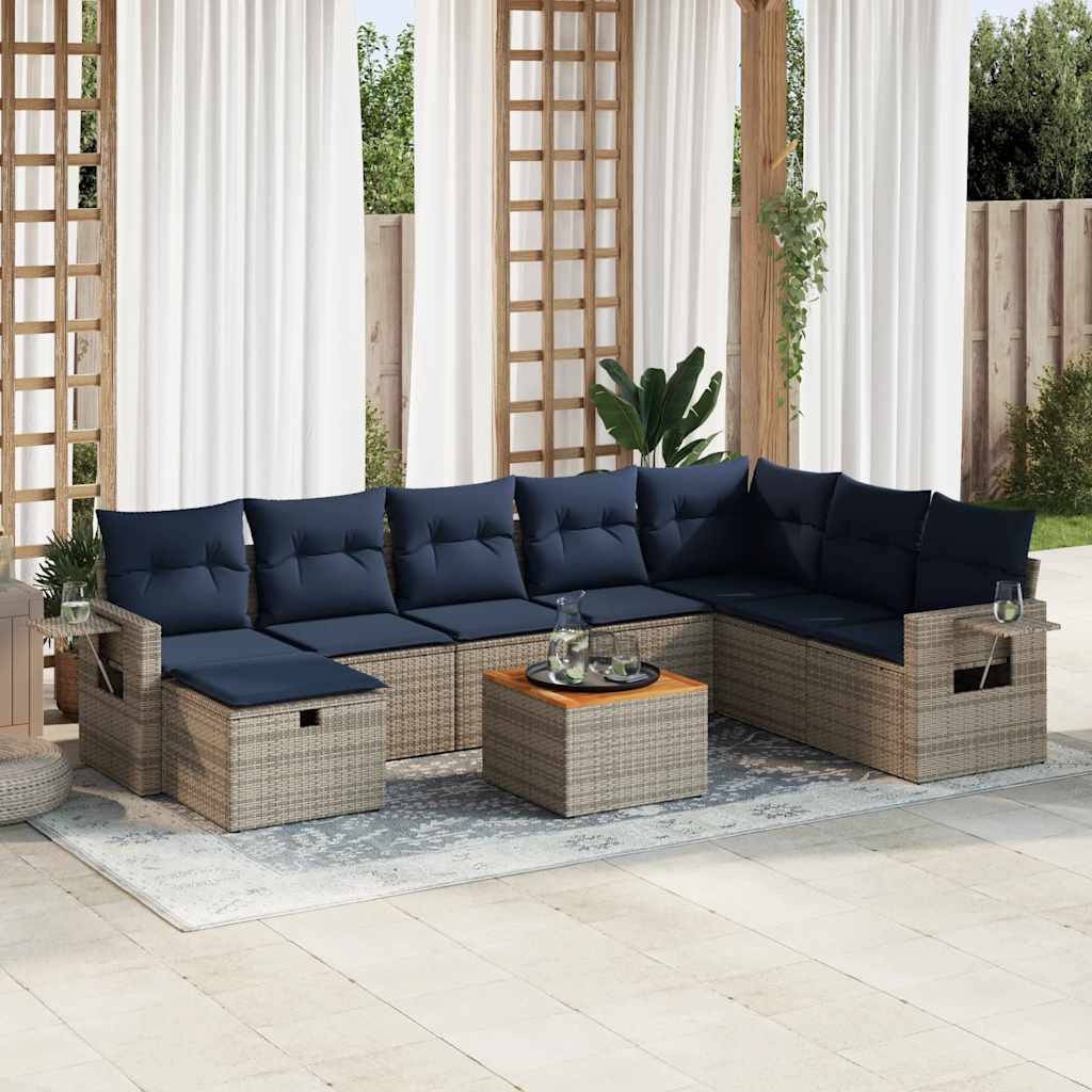 9 Pcs conjunto sofás p/ jardim com almofadões vime PE cinzento
