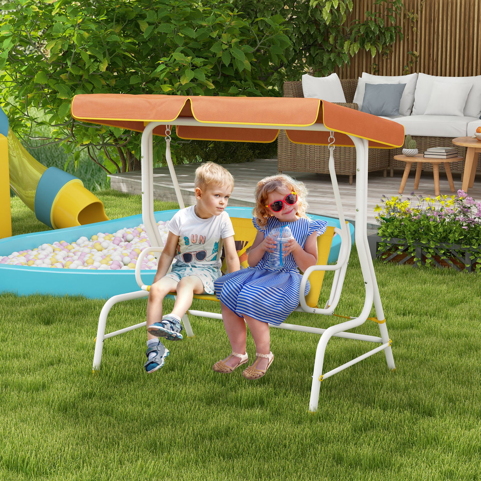 Balanço de jardim exterior balanço de jardim infantil de 2 lugares com padrão de leão carga 60 kg 110x70x110 cm amarelo