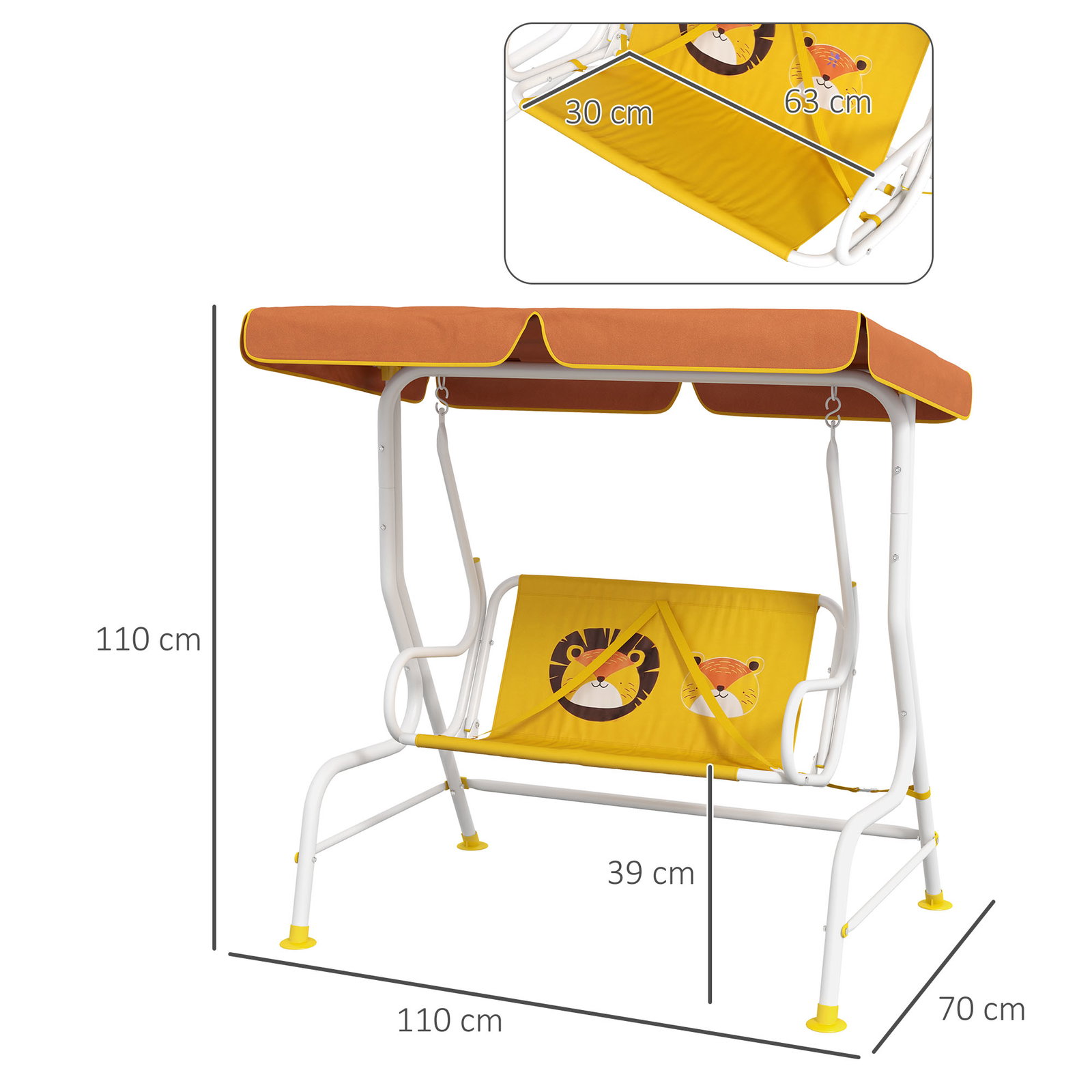 Balanço de jardim exterior balanço de jardim infantil de 2 lugares com padrão de leão carga 60 kg 110x70x110 cm amarelo