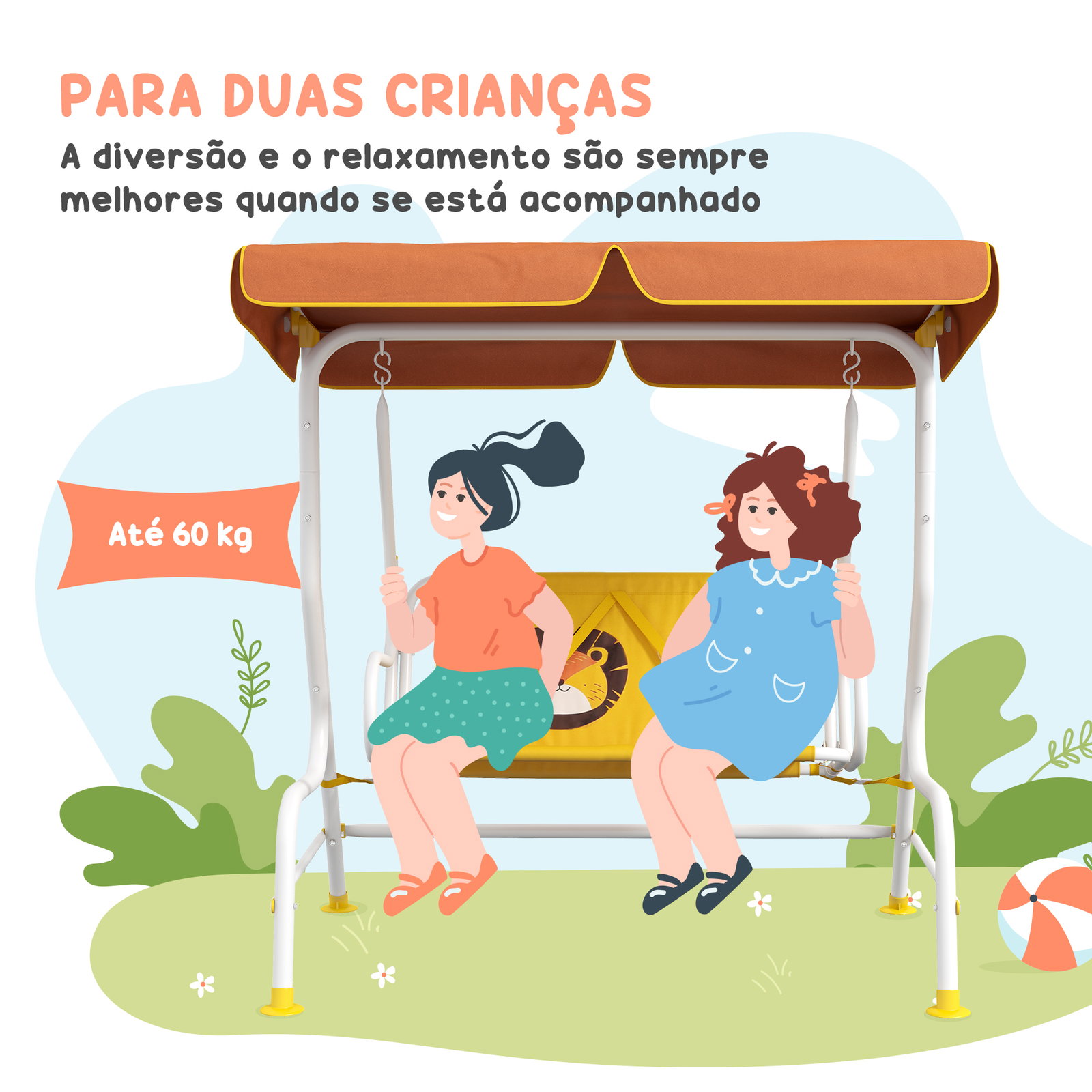 Balanço de jardim exterior balanço de jardim infantil de 2 lugares com padrão de leão carga 60 kg 110x70x110 cm amarelo