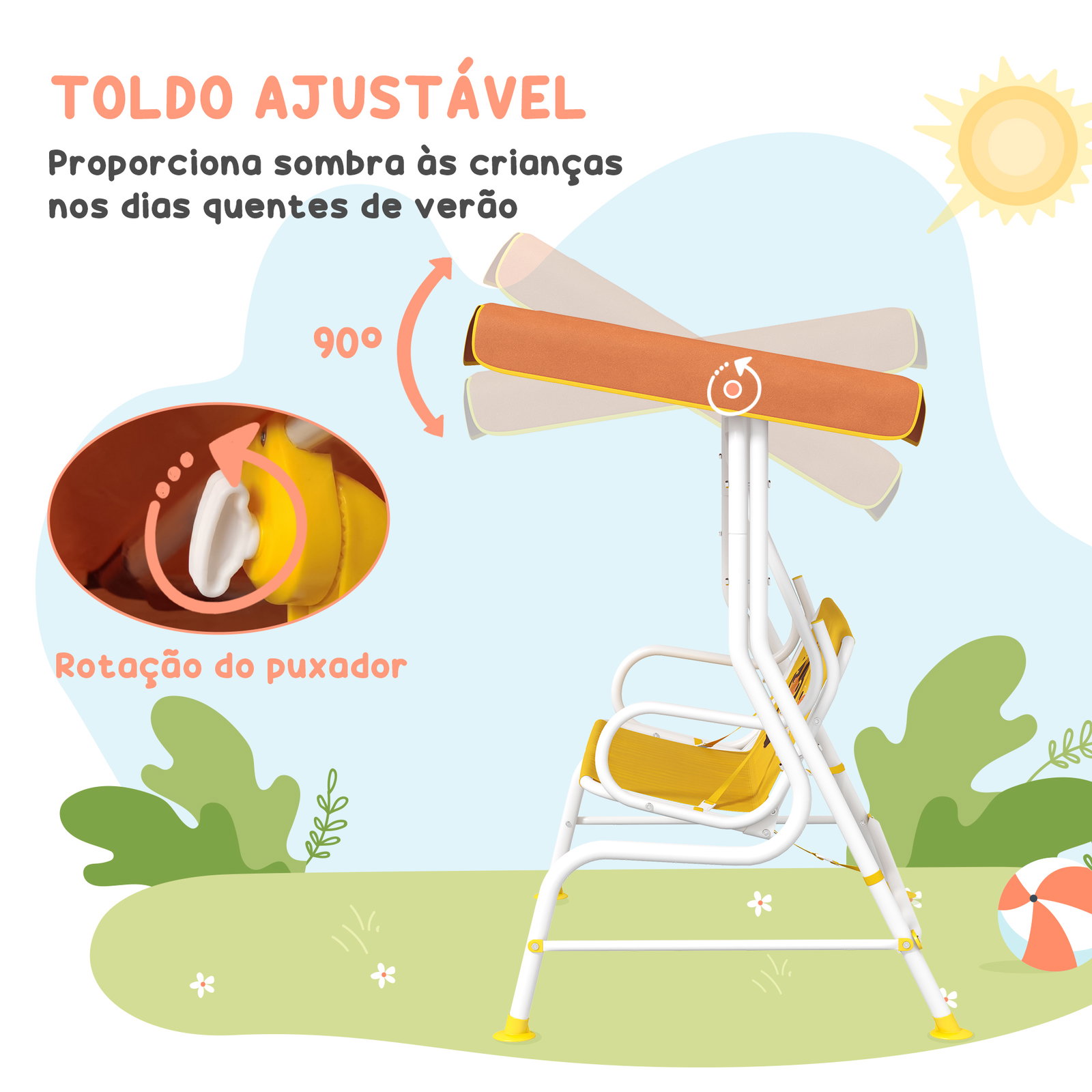 Balanço de jardim exterior balanço de jardim infantil de 2 lugares com padrão de leão carga 60 kg 110x70x110 cm amarelo