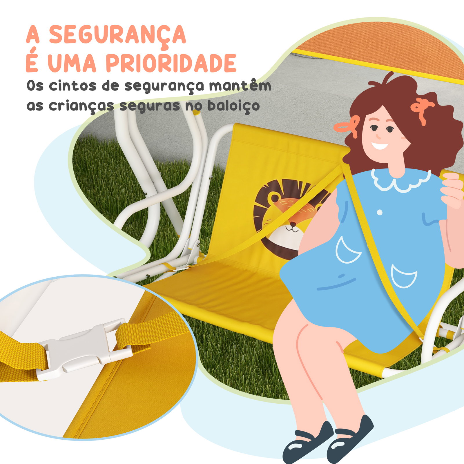 Balanço de jardim exterior balanço de jardim infantil de 2 lugares com padrão de leão carga 60 kg 110x70x110 cm amarelo