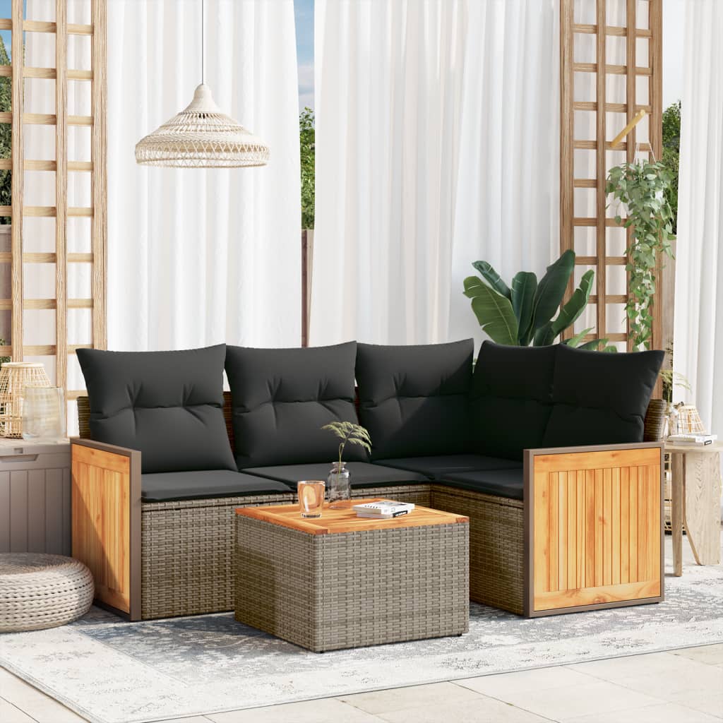 5 Pcs conjunto sofás de jardim c/ almofadões vime PE cinzento